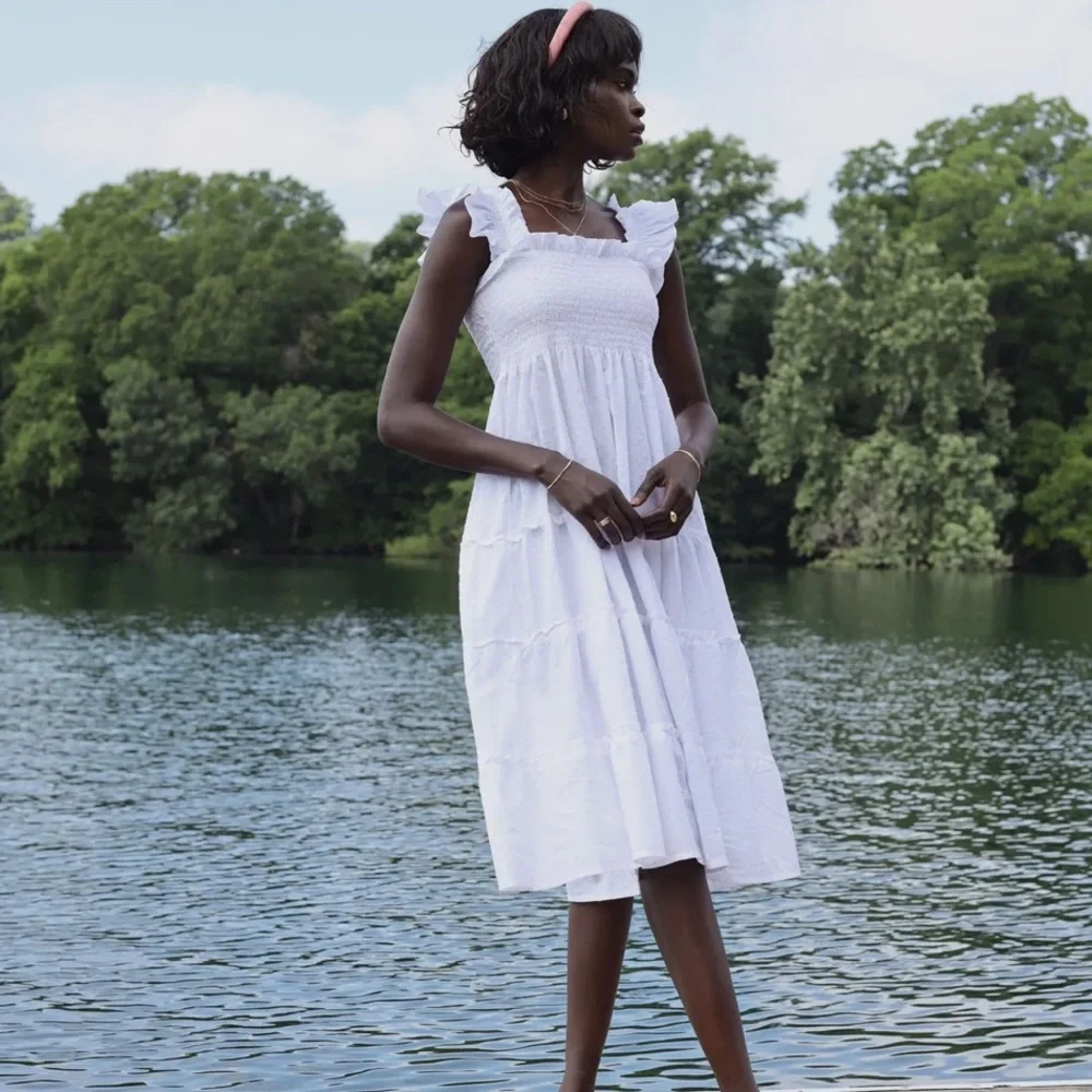 The Ellie Nap Midi Ruffle Dress in Dreamy Sheer White Swiss Dot Size XS - Picture 4 of 14